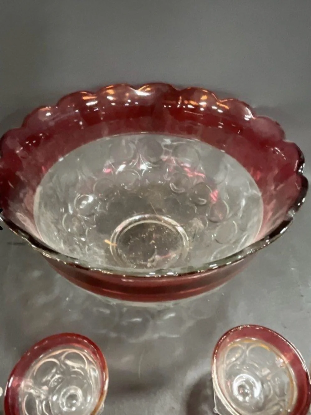 MCM Ruby Rim Glass Punch Bowl Set Christmas Party Punch Bowl Set - Vintage